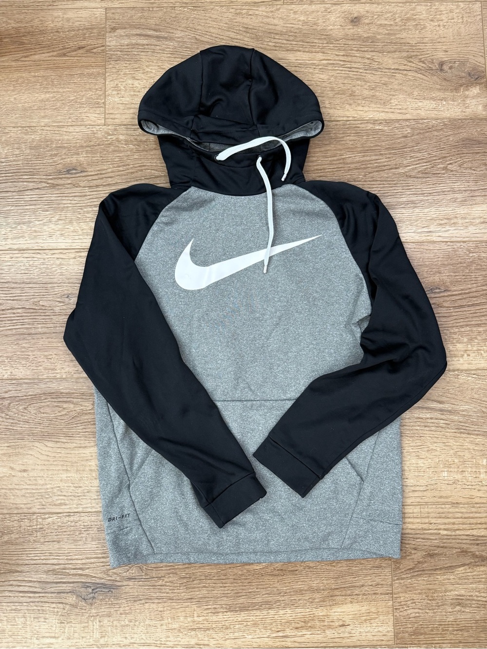 Nike Men's Gray Body Black Sleeve Hooded Sweatshirt with White Swoosh